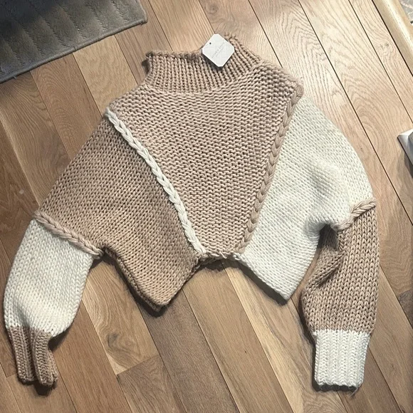 Altar'd State Two-Tone Beige & Cream Cable-Trim Turtleneck Sweater - Picture 3 of 4